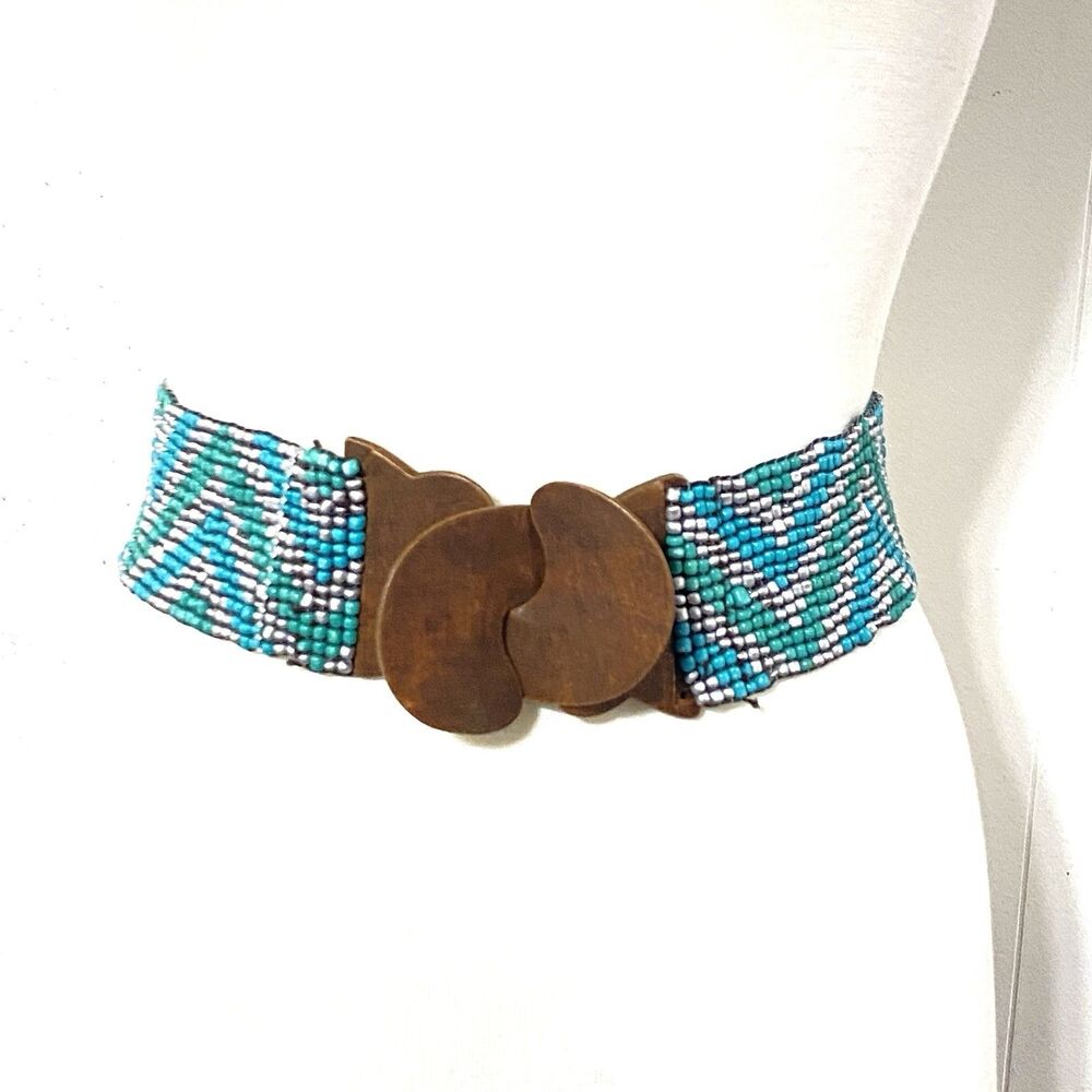 Tourquoise Green BEADED Boho Stretchy Wide Belt Wood Buckle 28"-30" Elastic